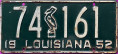 Nummernschilder / Kfz-Kennzeichen USA 1952 1950er Louisiana LA
